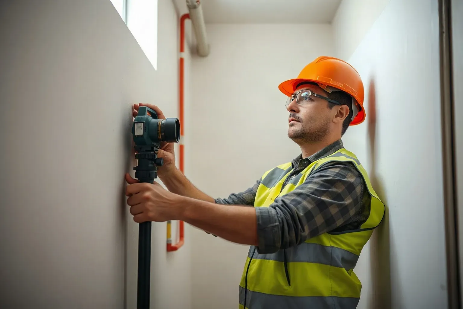 An engineer assessing wall thickness and pipe routing distance in a room before installation