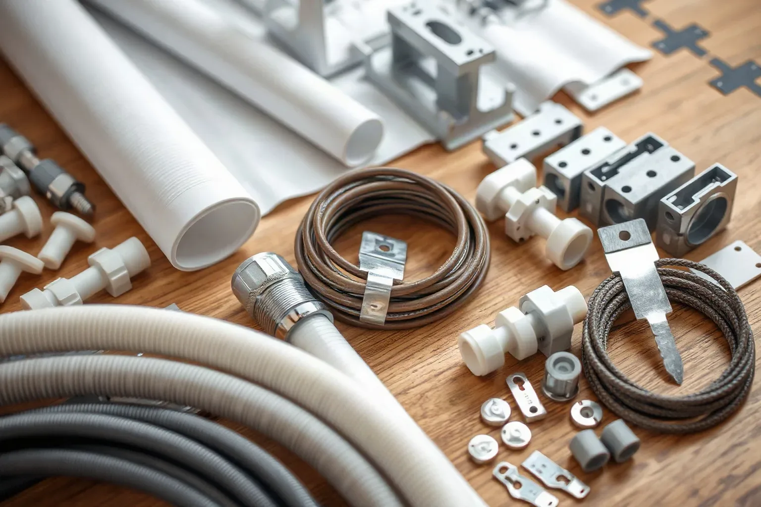 A laid-out selection of AC installation materials including pipe insulation, brackets, cable and fixings