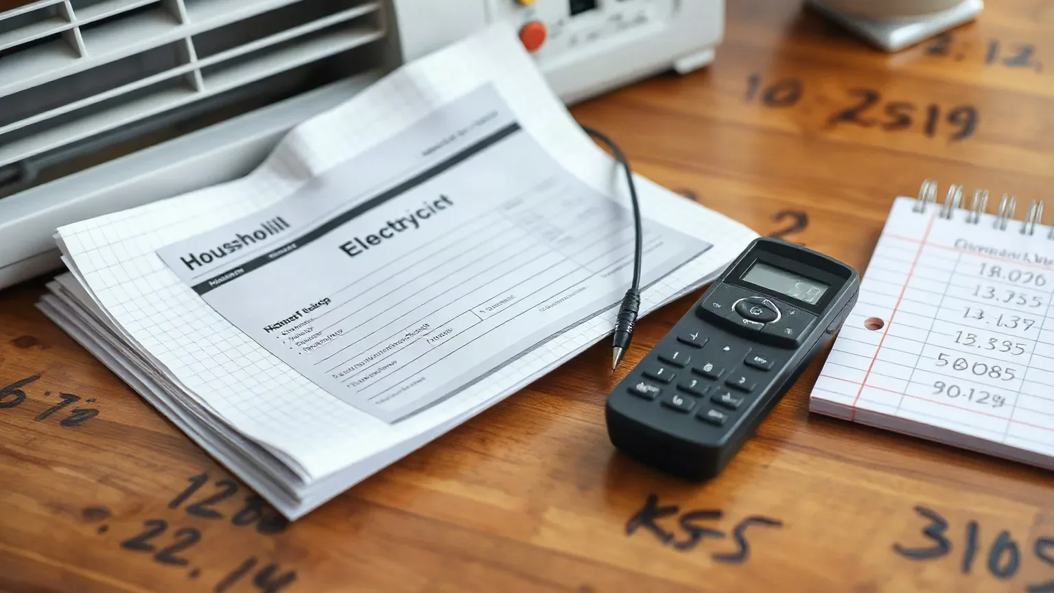 A household electricity bill on a table next to an AC remote control and a notepad with figures