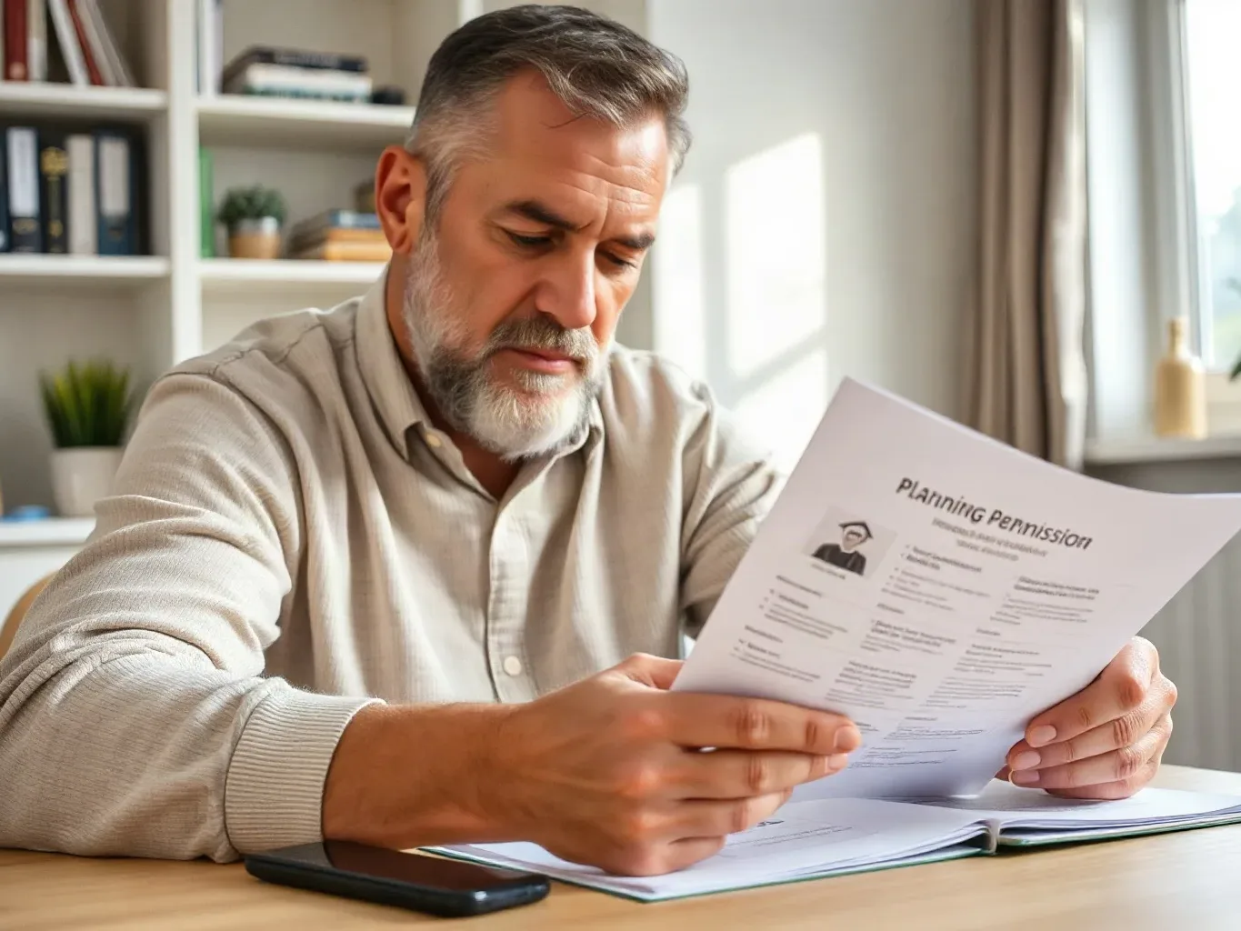 A homeowner reading through a planning permission guidance document at a desk