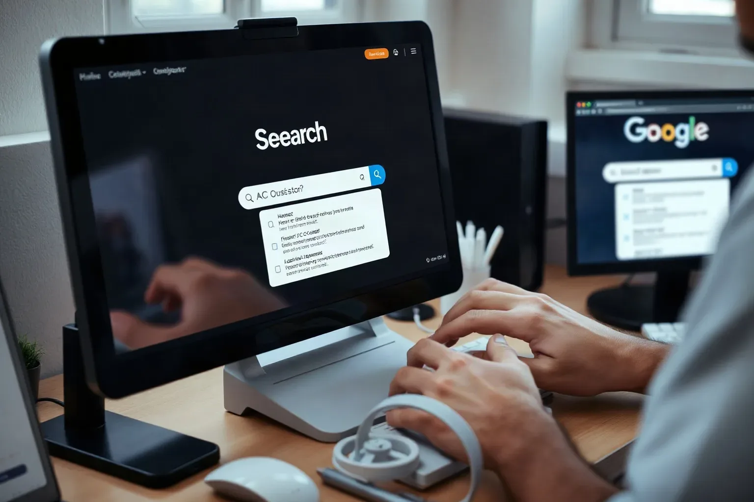 A person typing AC cost questions into a search engine on a desktop computer