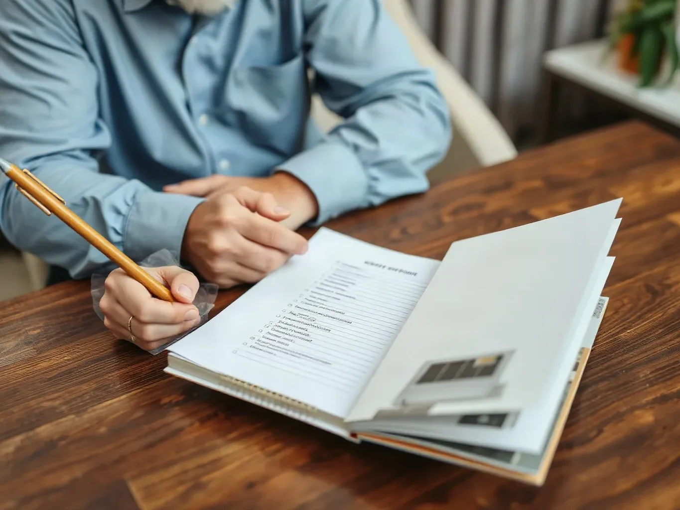 A homeowner writing a list of questions on a notepad while an AC unit brochure lies open beside it