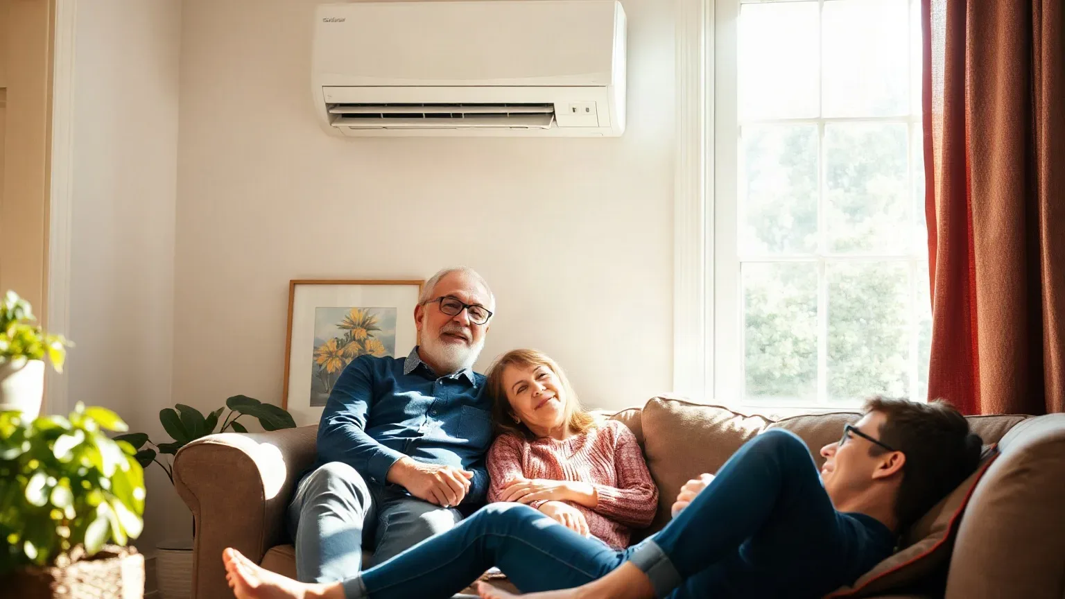 A homeowner relaxing in a sunny bright room with a wall-mounted air conditioning unit running above