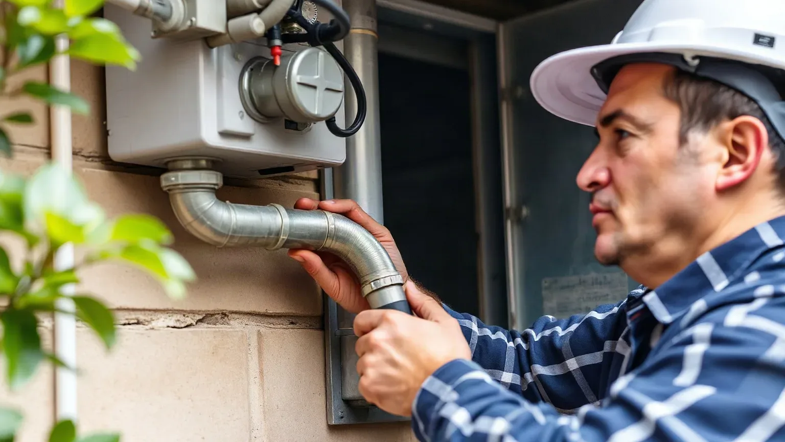 A engineer in a white hard hat adjusts a metal pipe fitting on an outdoor utility meter mounted to a brick wall.