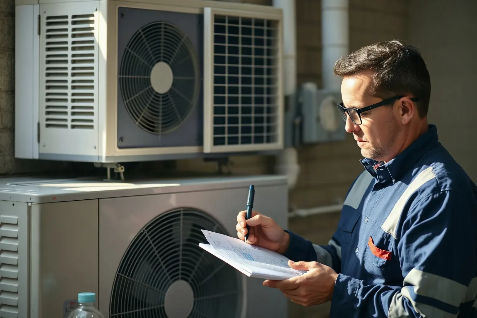 A technician in a work jacket makes notes on paperwork beside outdoor air conditioning units mounted on a wall.