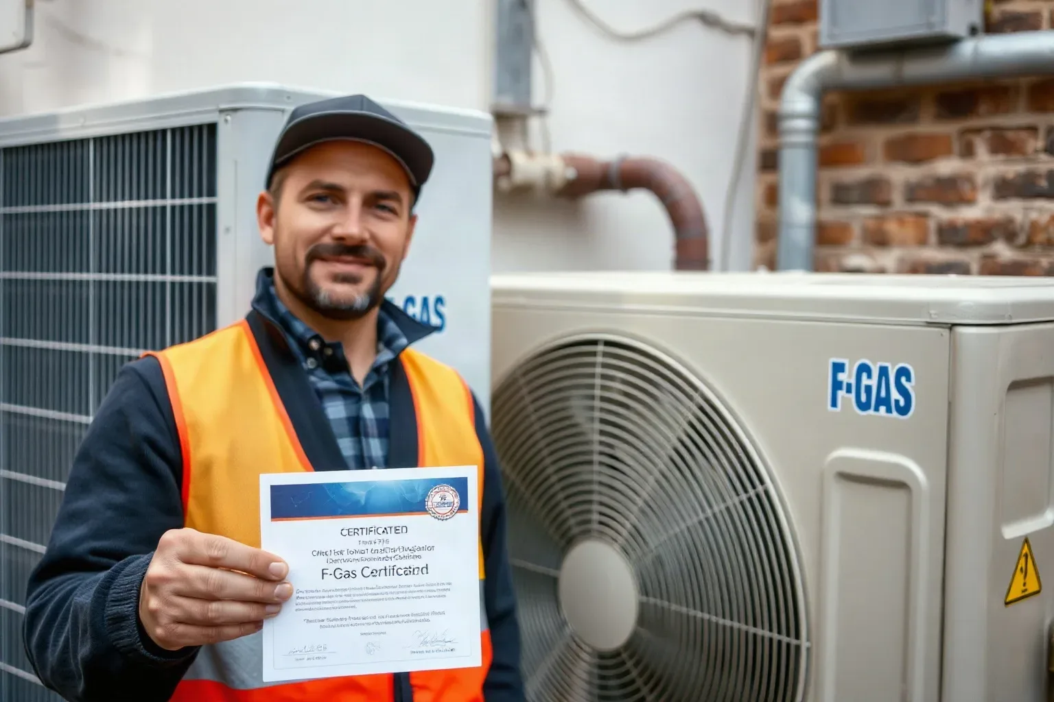 An F-Gas certified engineer displaying their certification card next to an outdoor AC condenser unit