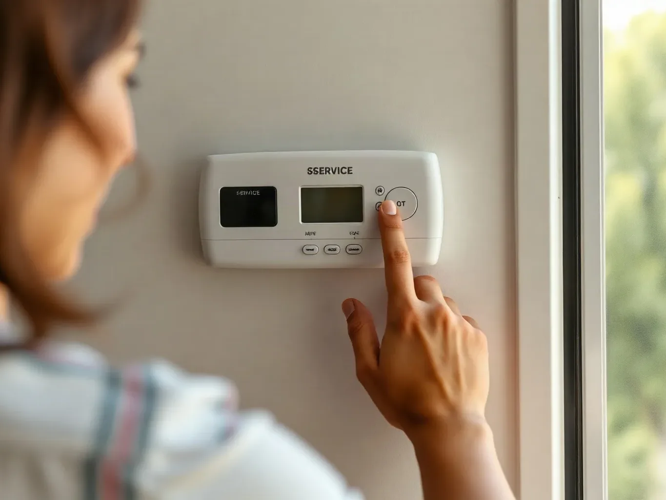A homeowner pressing the service schedule reminder button on an AC wall controller unit