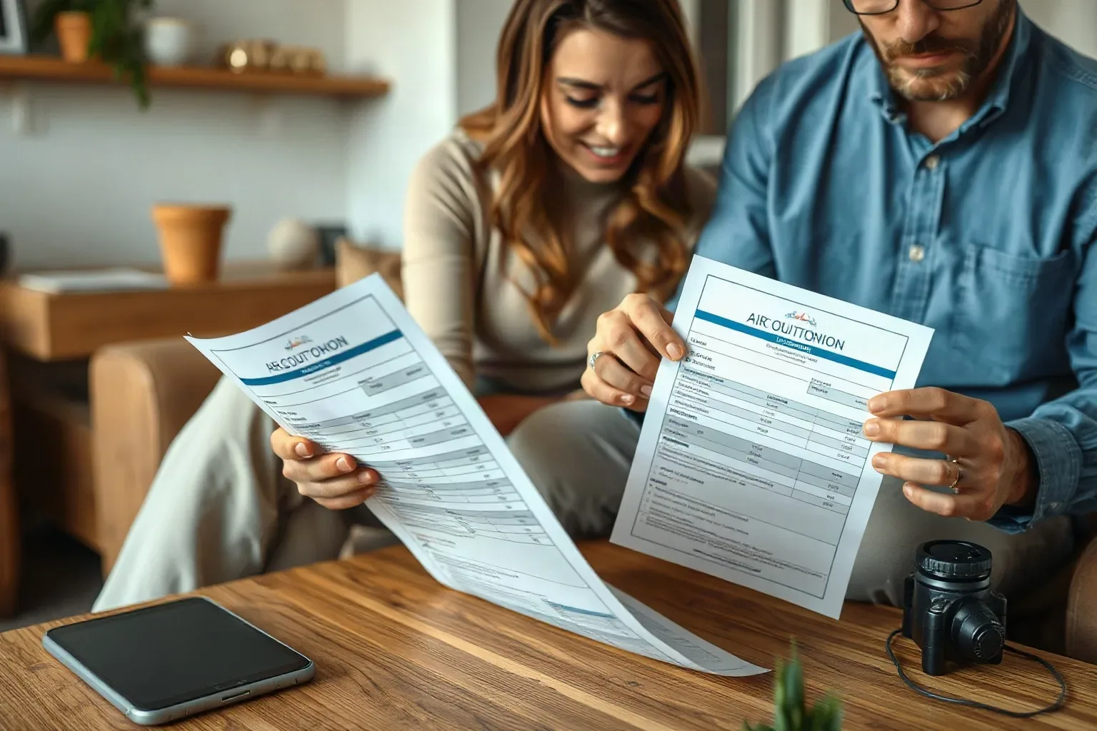 A homeowner comparing two air conditioning installer quotation documents laid on a coffee table