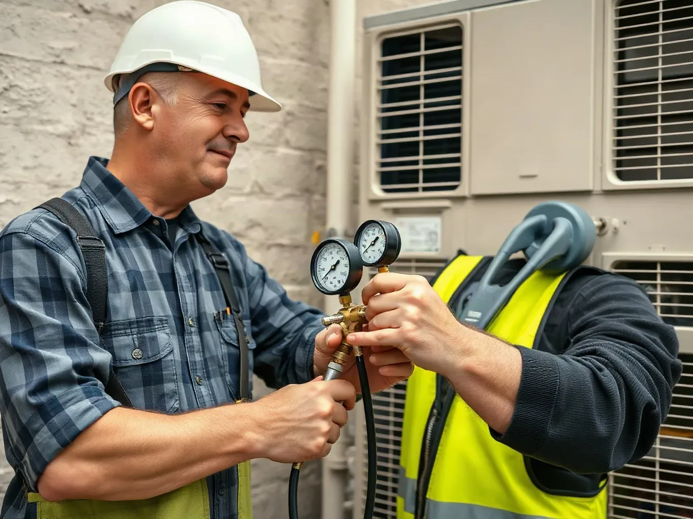 An engineer using a refrigerant pressure gauge set connected to an outdoor AC condenser unit