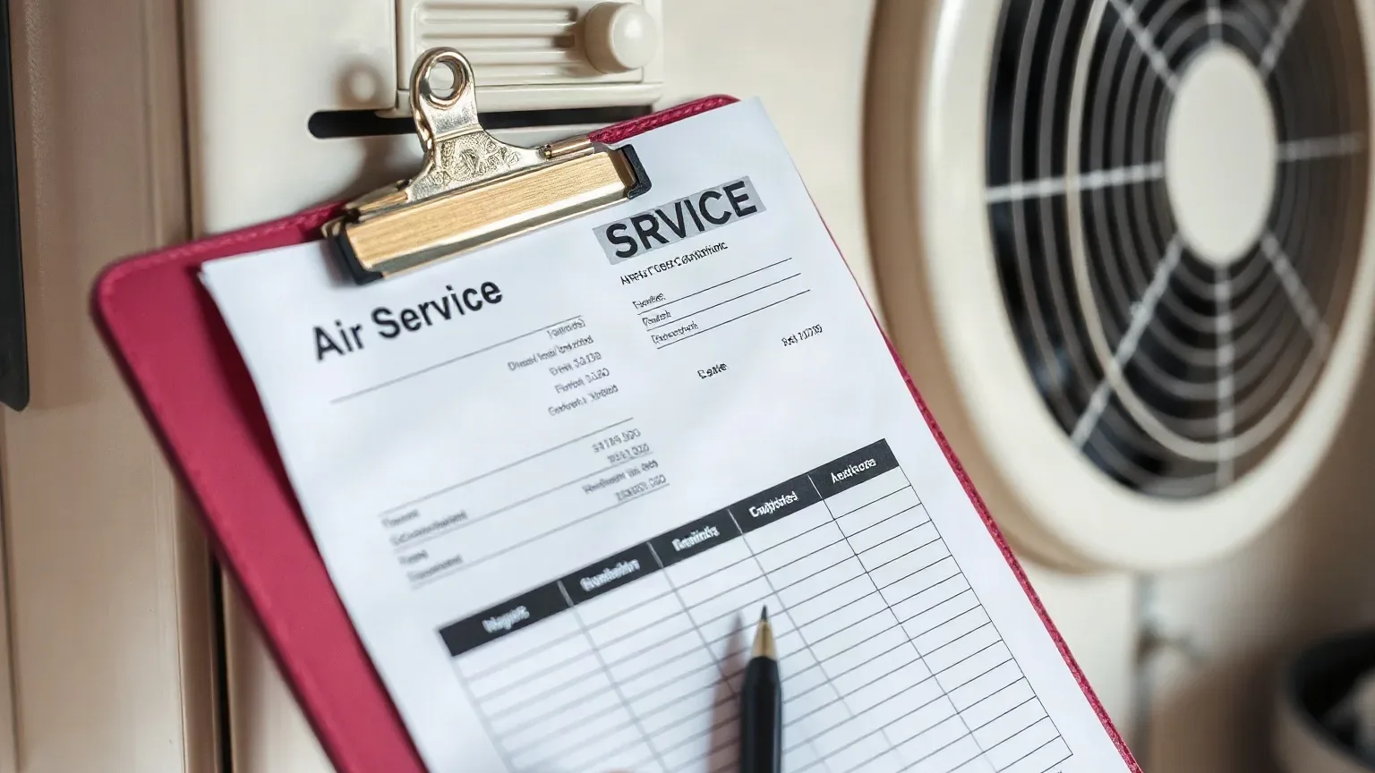 A service invoice for air conditioning maintenance on a clipboard resting against an indoor wall unit