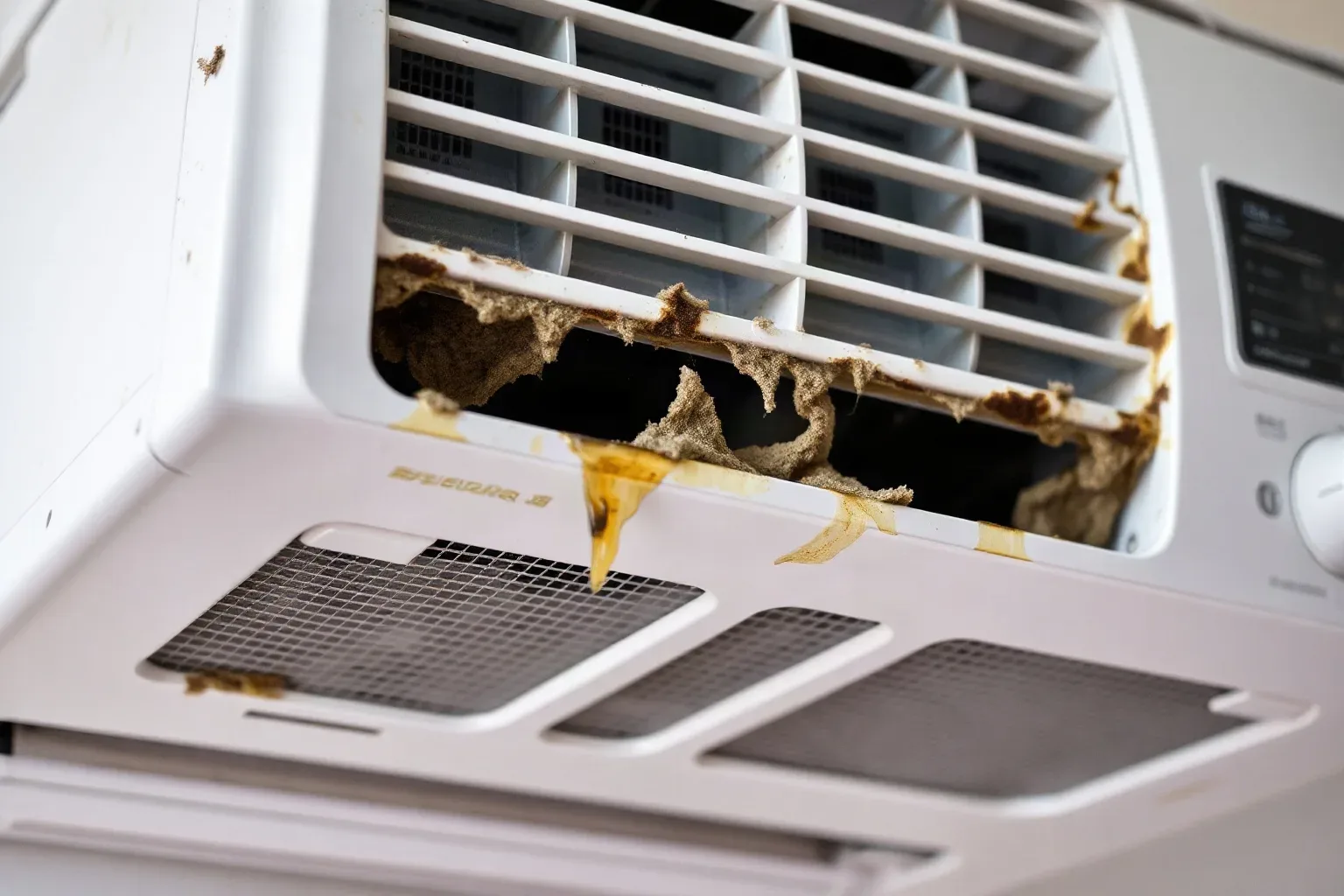 A close-up of an AC indoor unit with visible mould growth on the vents and a dripping condensate tray