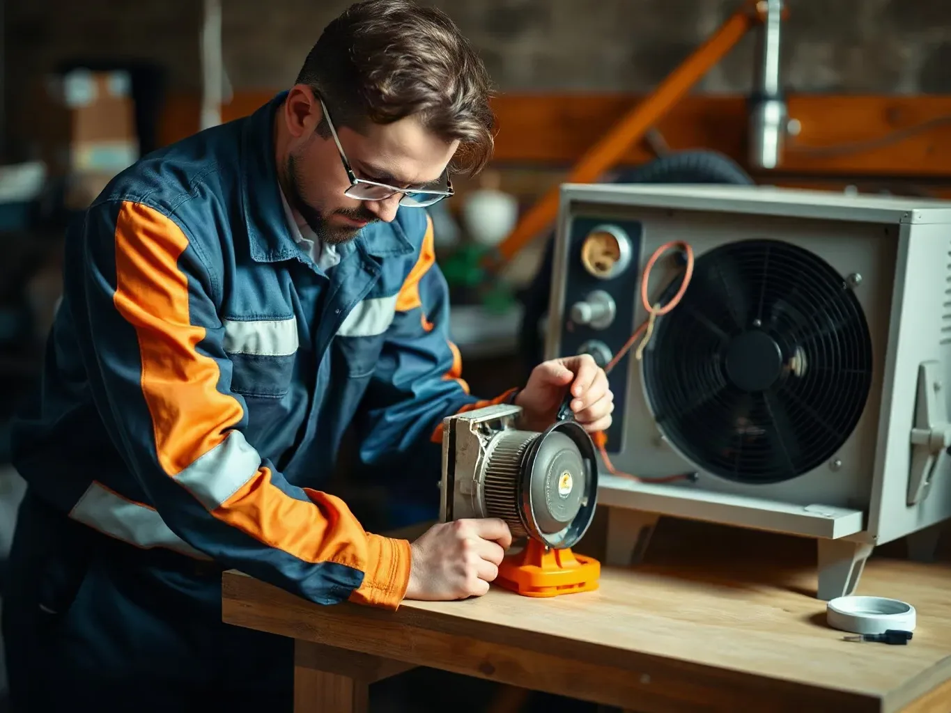 An engineer replacing a faulty AC fan motor on a workbench beside a functioning serviced unit