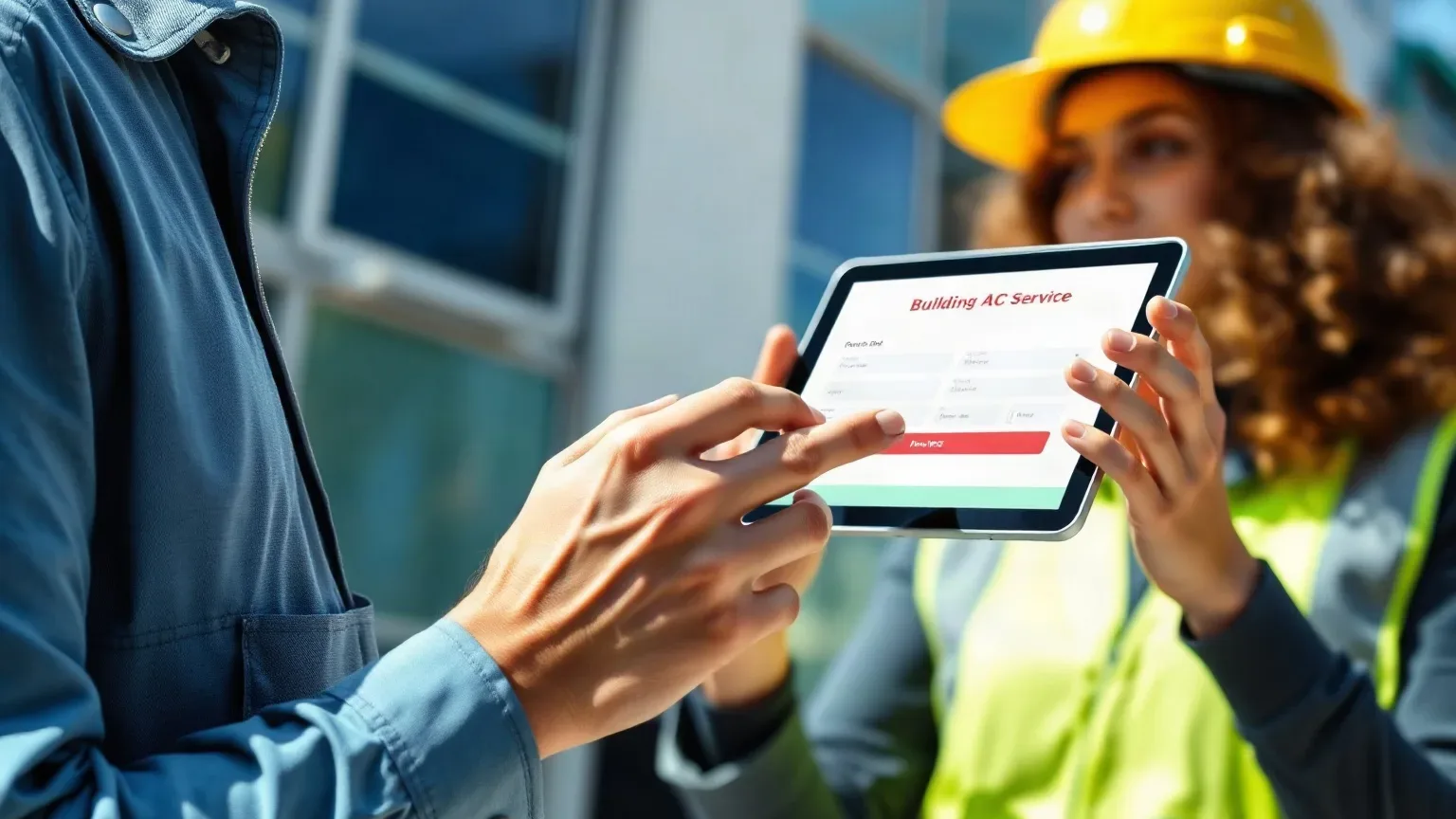 A building manager using a tablet to submit an online AC service booking form
