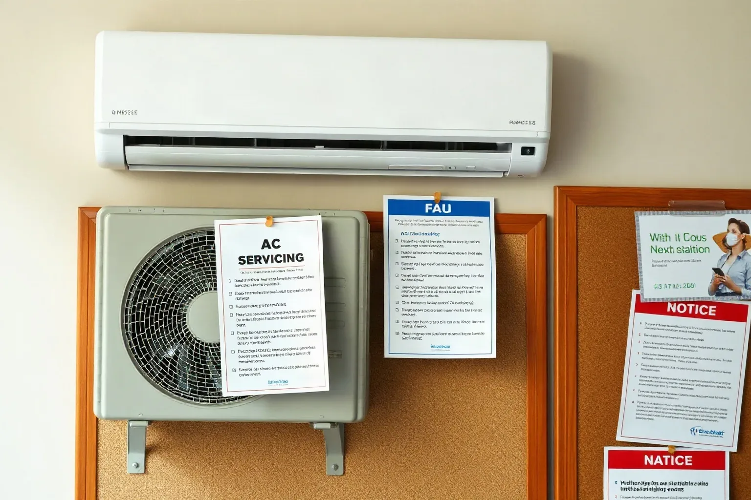 A printed AC servicing FAQ sheet pinned to an office noticeboard beside a mounted indoor unit