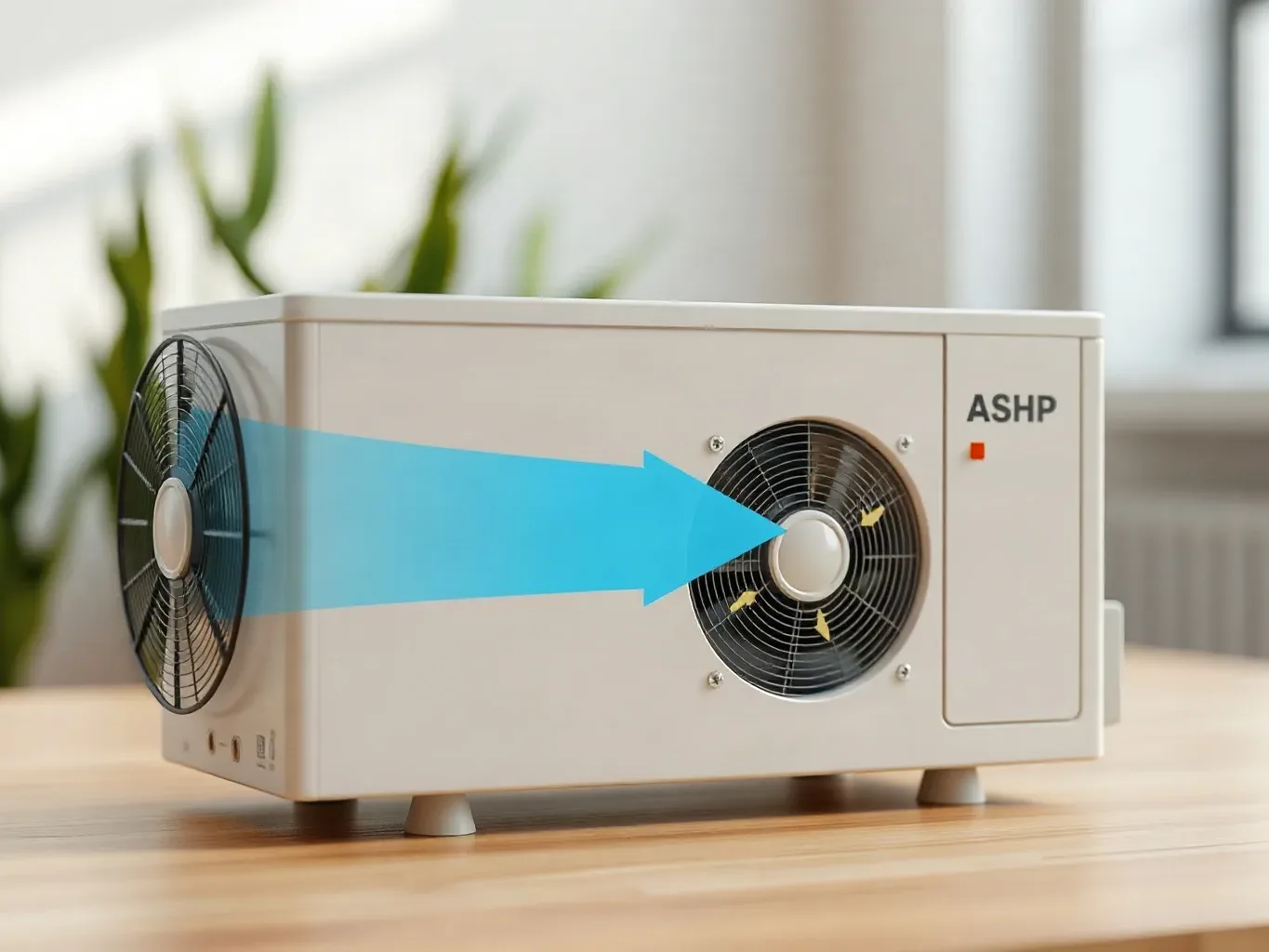 A diagram-style physical model showing an ASHP unit with arrows indicating airflow and heat transfer direction