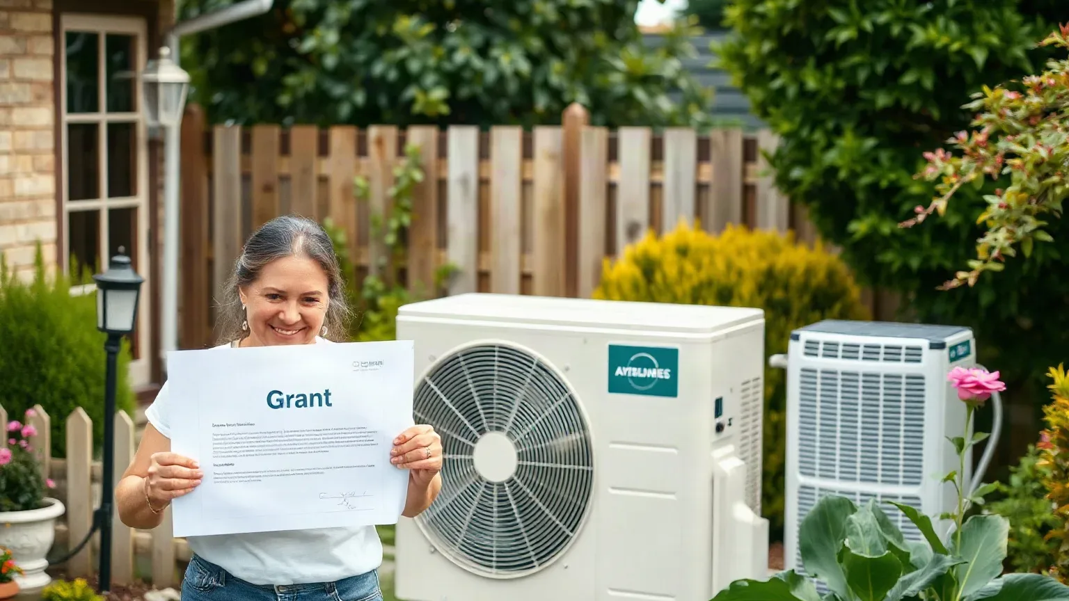 A homeowner holding a grant approval letter next to an installed air source heat pump in a garden
