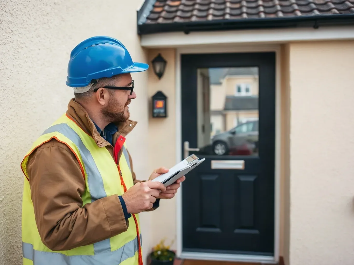 An engineer with a clipboard and thermal camera conducting an external wall survey on a detached house
