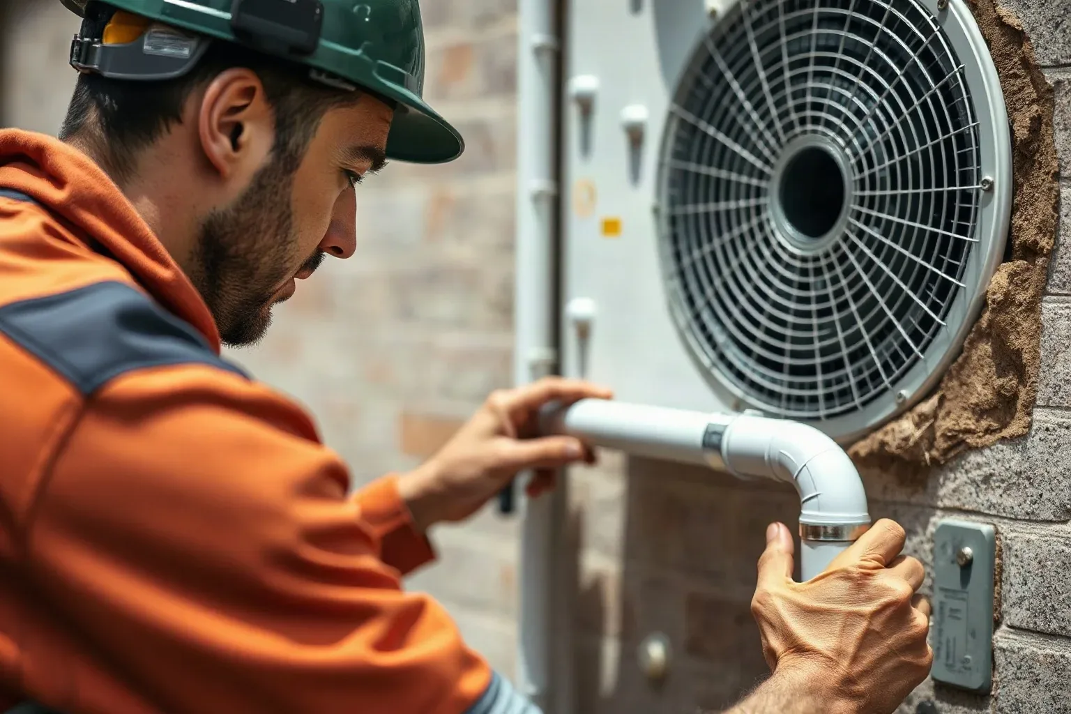 An engineer connecting refrigerant pipework from an outdoor ASHP unit through a drilled external wall