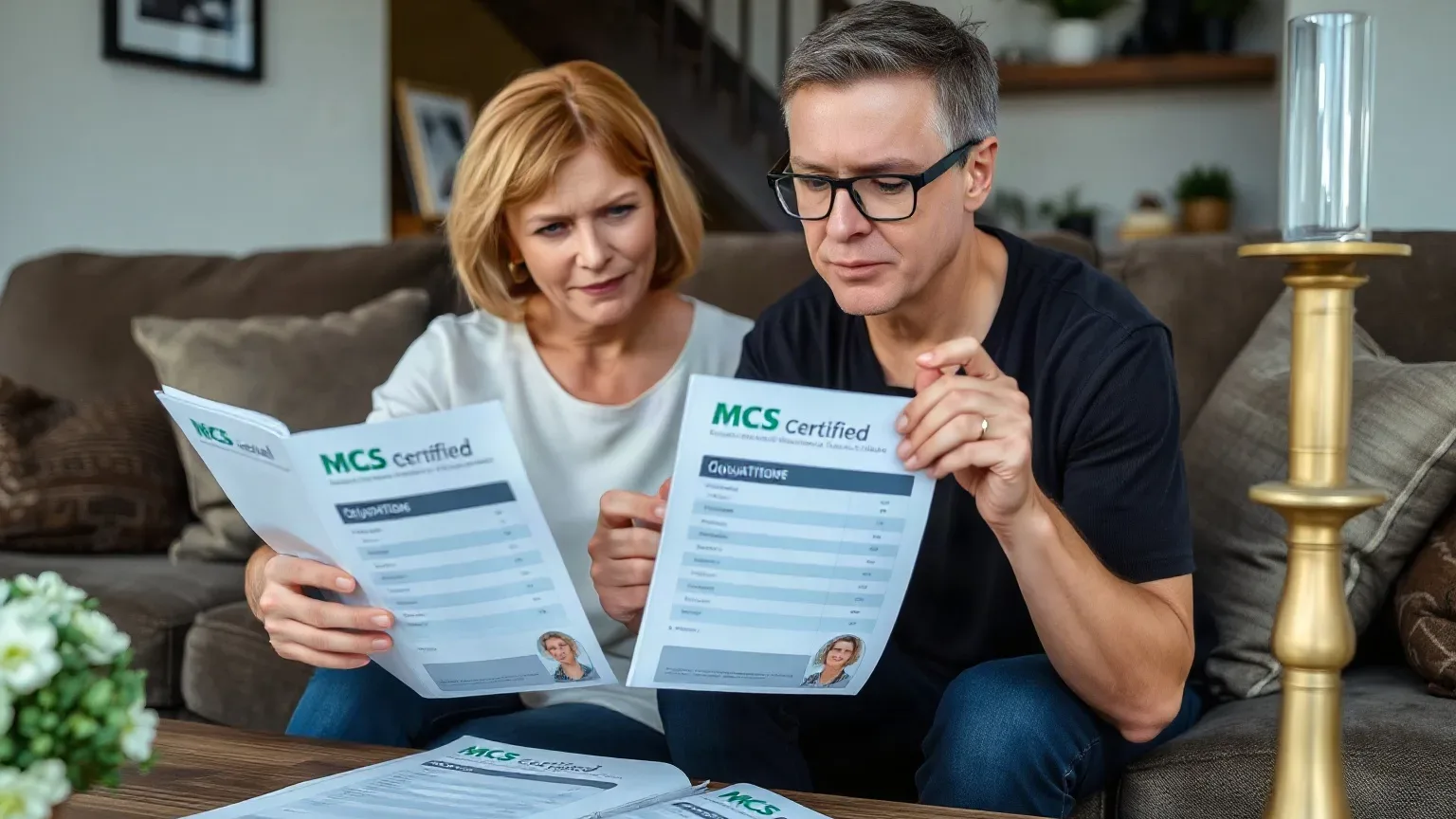 A homeowner reviewing two different MCS-certified installer quotation packs on a coffee table