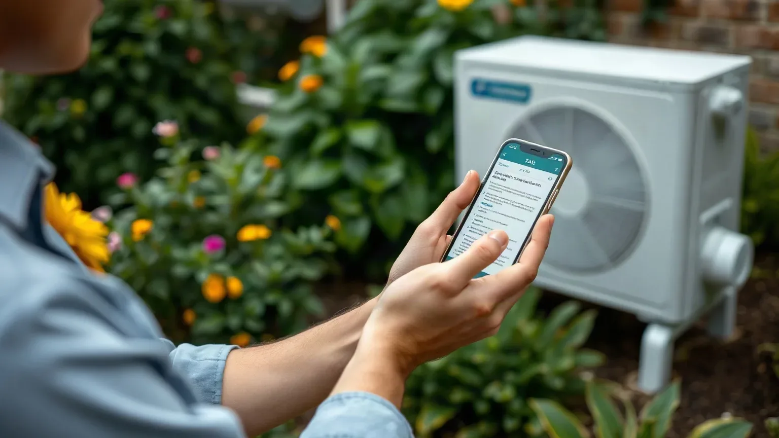 A person on a smartphone reading an air source heat pump FAQ web page while standing in a garden