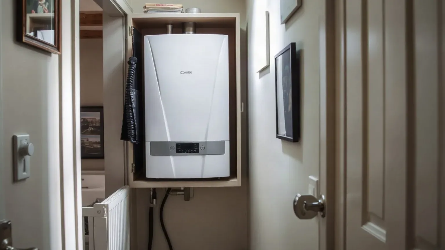 A white wall-mounted combi boiler housed in an open wooden cupboard in a narrow hallway, with a radiator visible below.