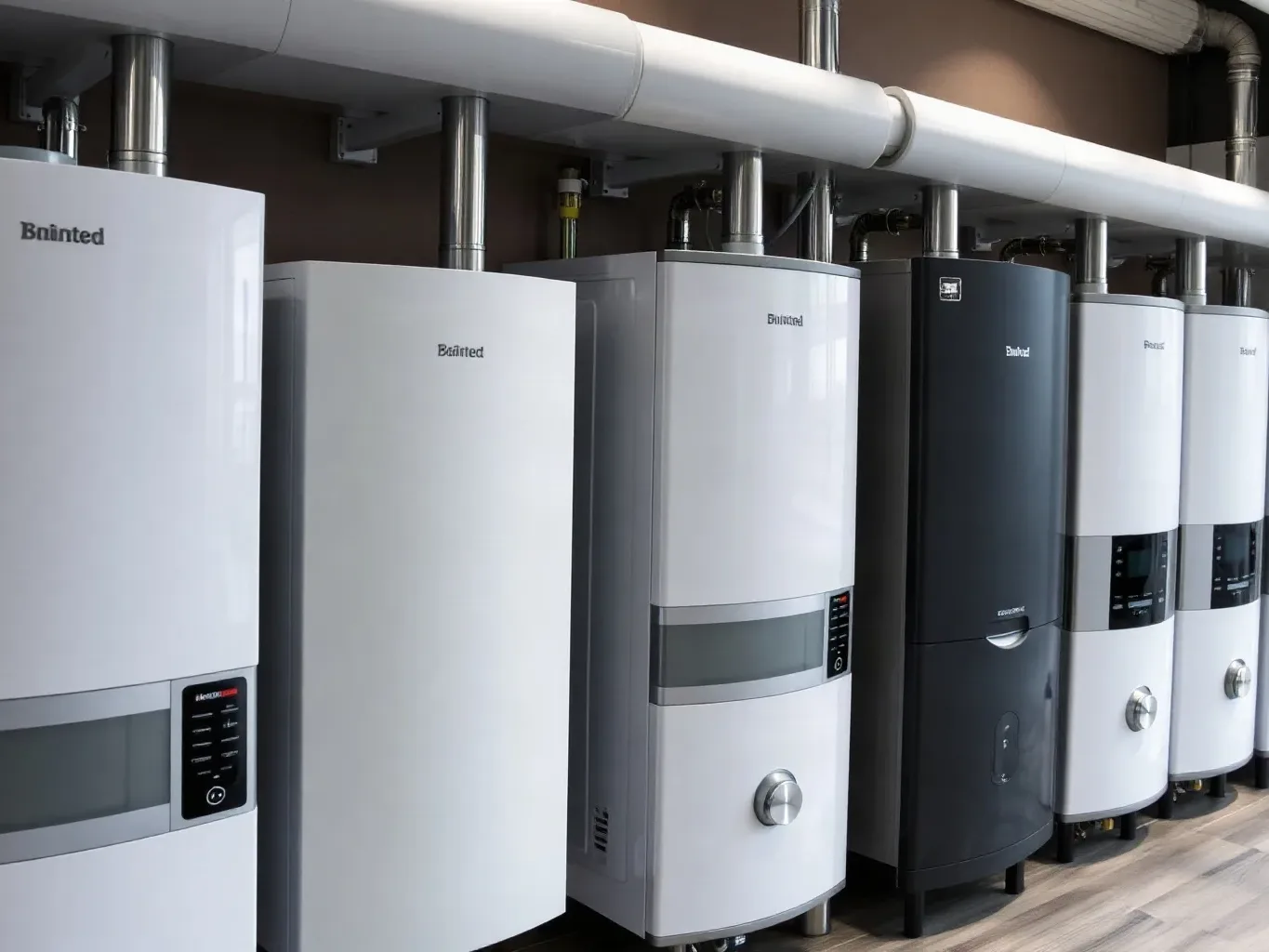 A row of different branded combi boiler units displayed side by side in a showroom setting