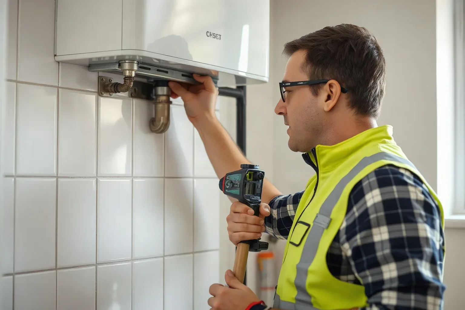 An engineer using a spirit level to position a boiler mounting bracket on a tiled wall