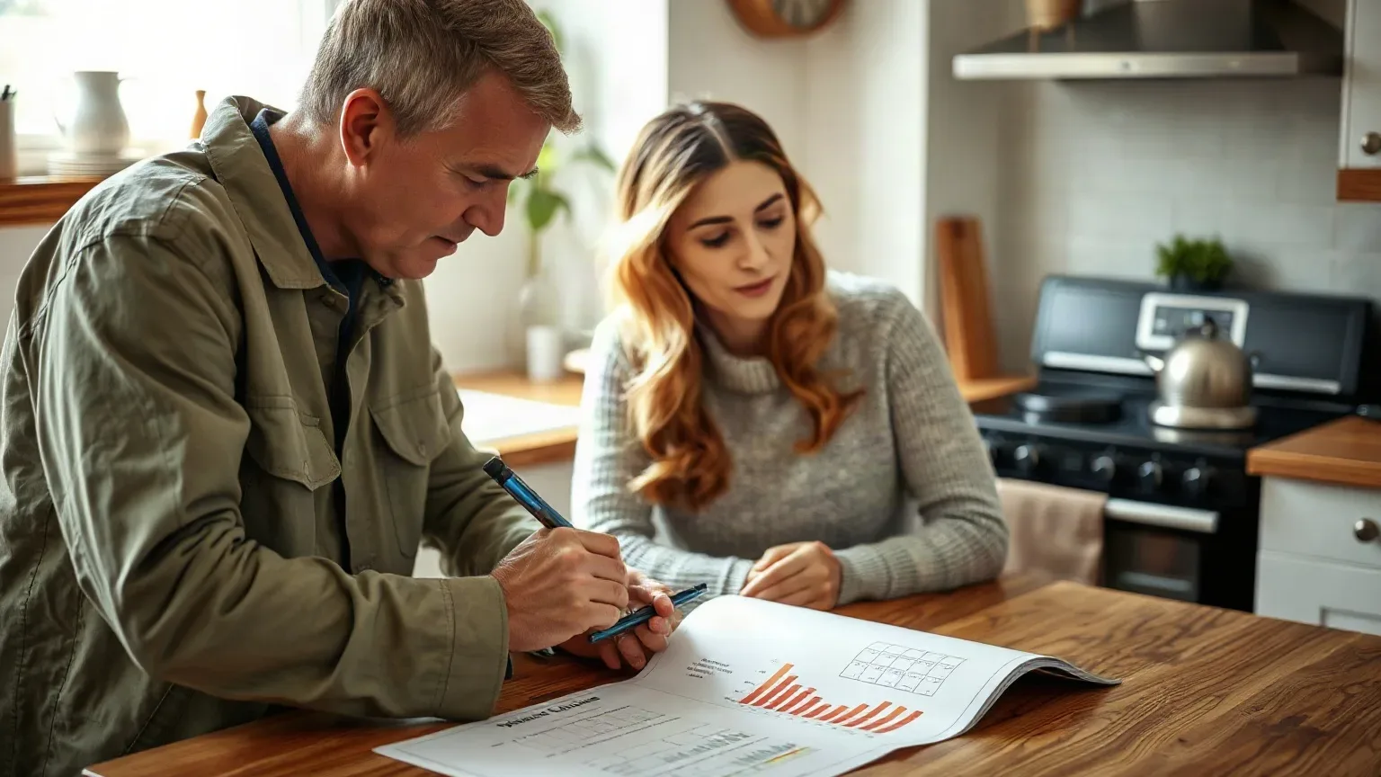 An engineer and a homeowner both looking at a heat output calculation chart laid on a worktop
