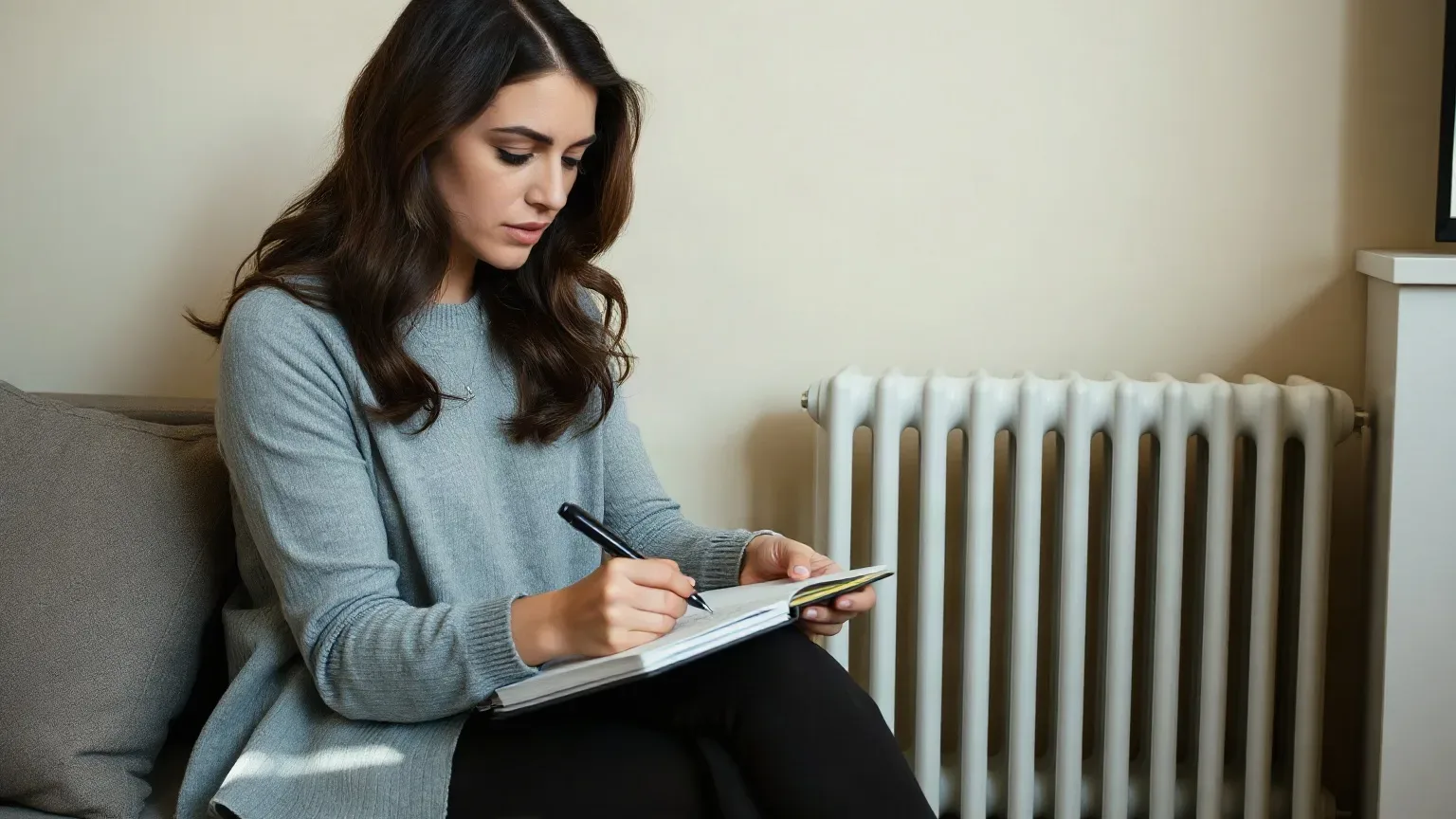 A woman writing questions on a notepad while sitting next to a radiator in a living room