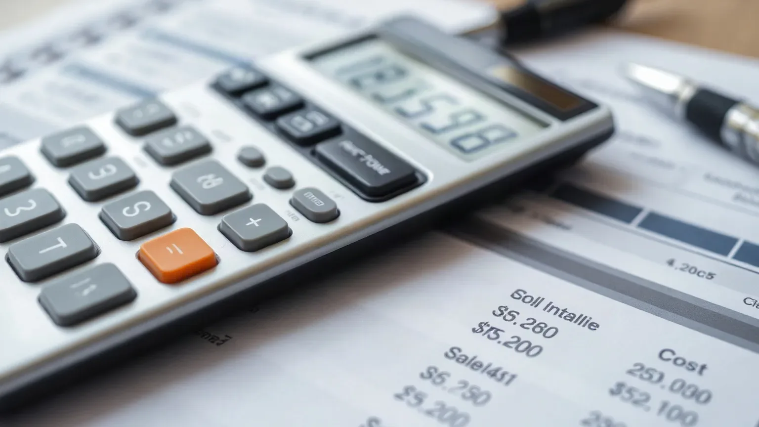 A close-up of a calculator and a pen resting on a boiler installation cost breakdown printout