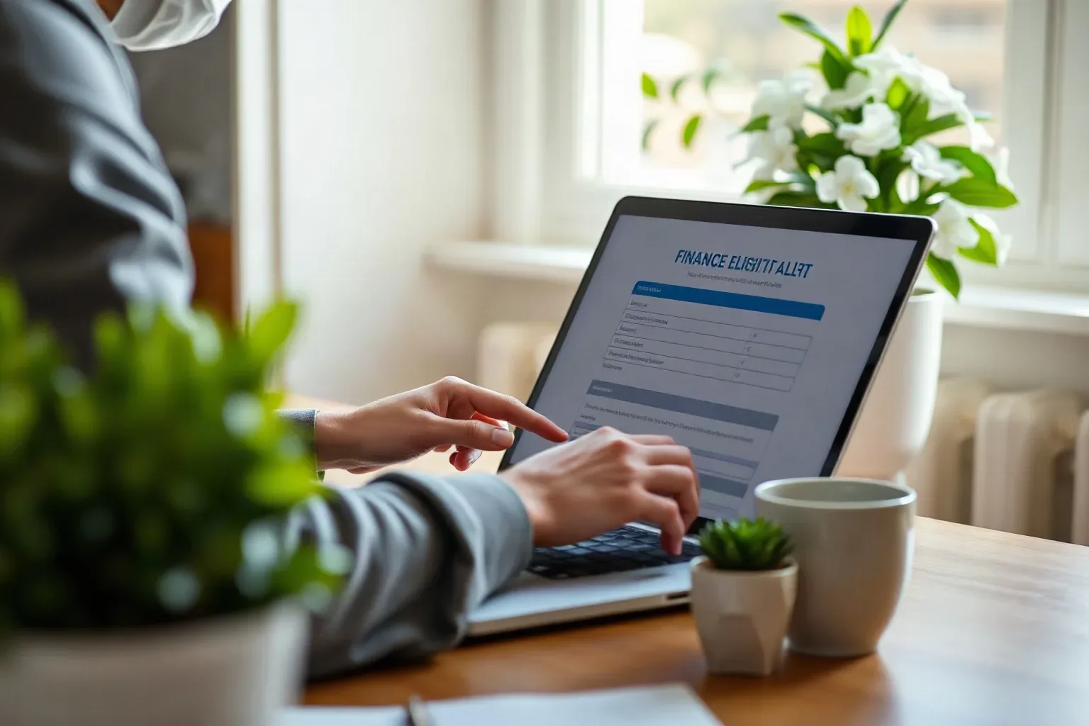A person filling in a finance eligibility form on a laptop at a home desk