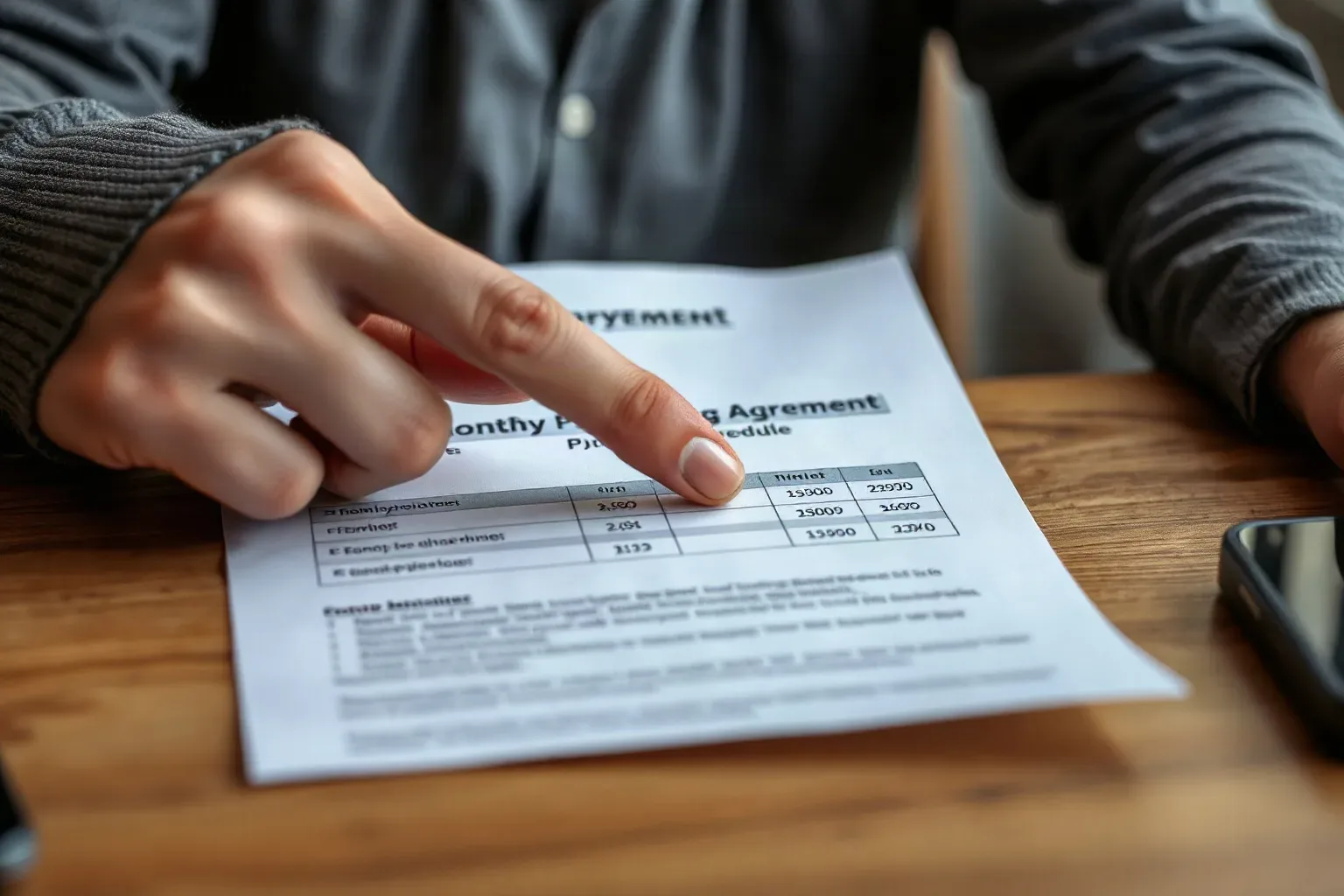 A hand pointing to a monthly payment schedule table printed on a financing agreement sheet
