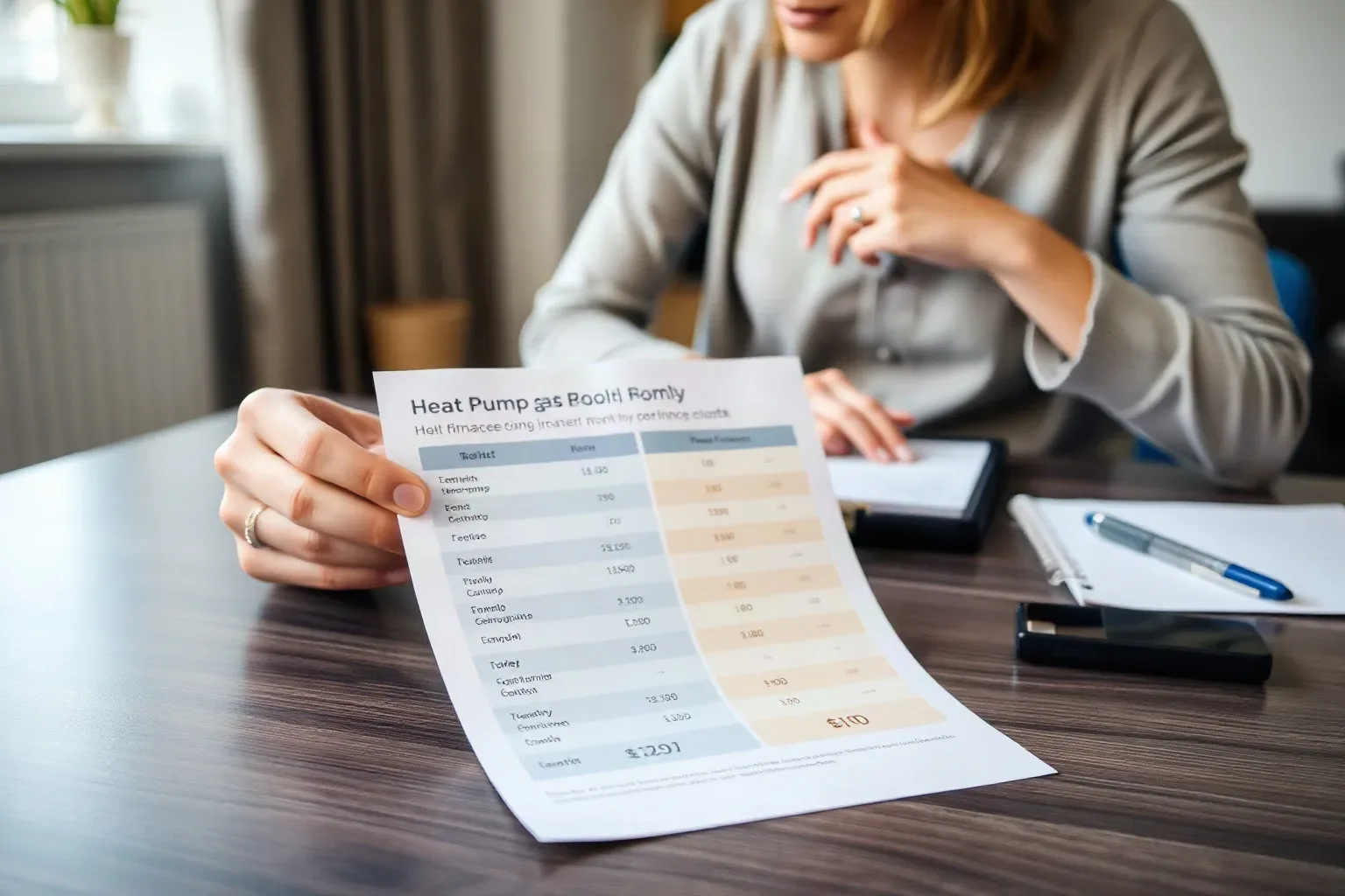 A side-by-side printed comparison chart of heat pump and gas boiler monthly finance costs on a desk
