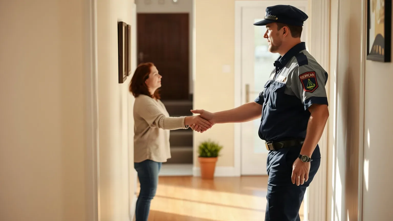 An engineer in uniform shaking hands with a homeowner in a hallway after a consultation