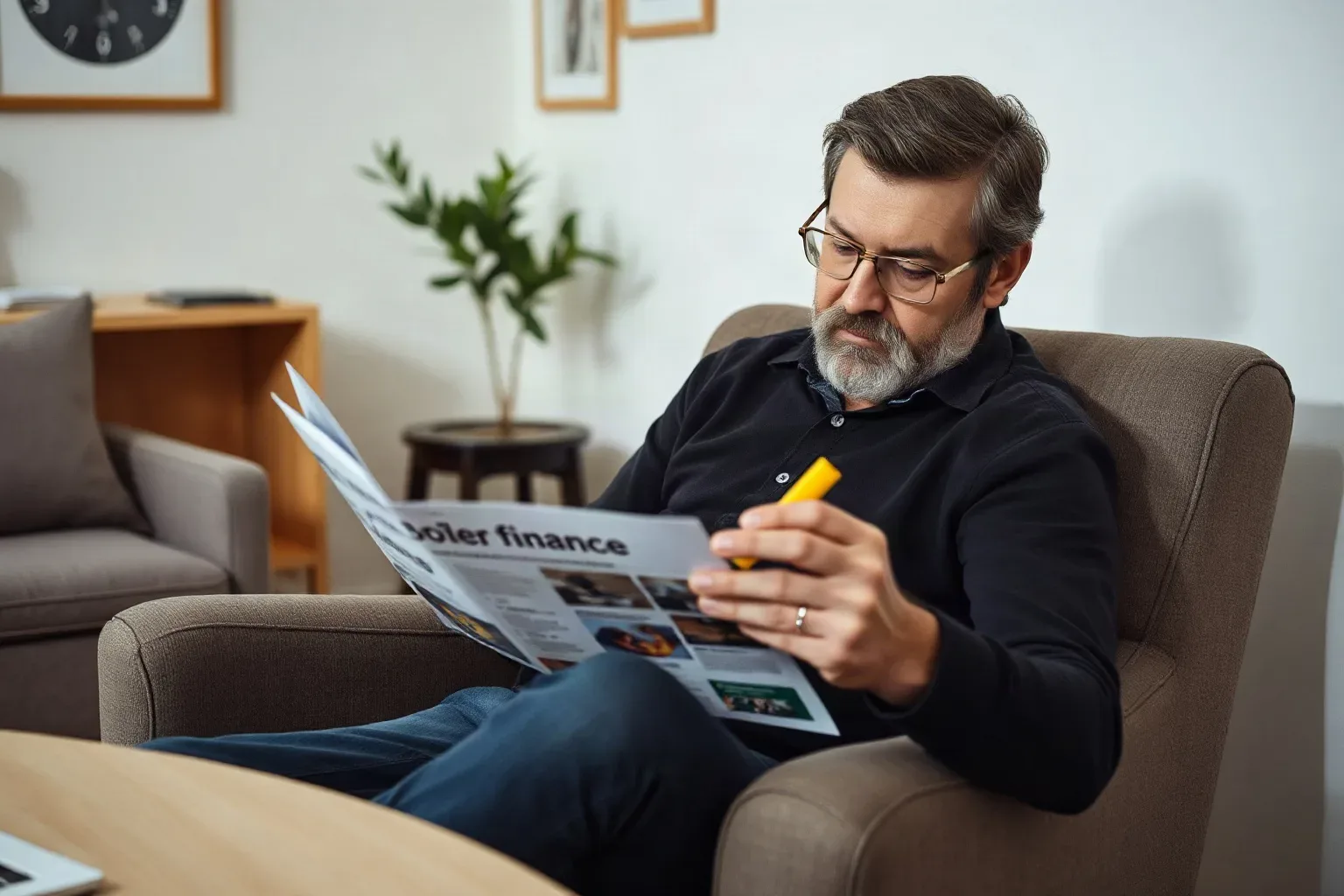 A man in an armchair reading printed FAQ pages about boiler finance with a highlighter in hand