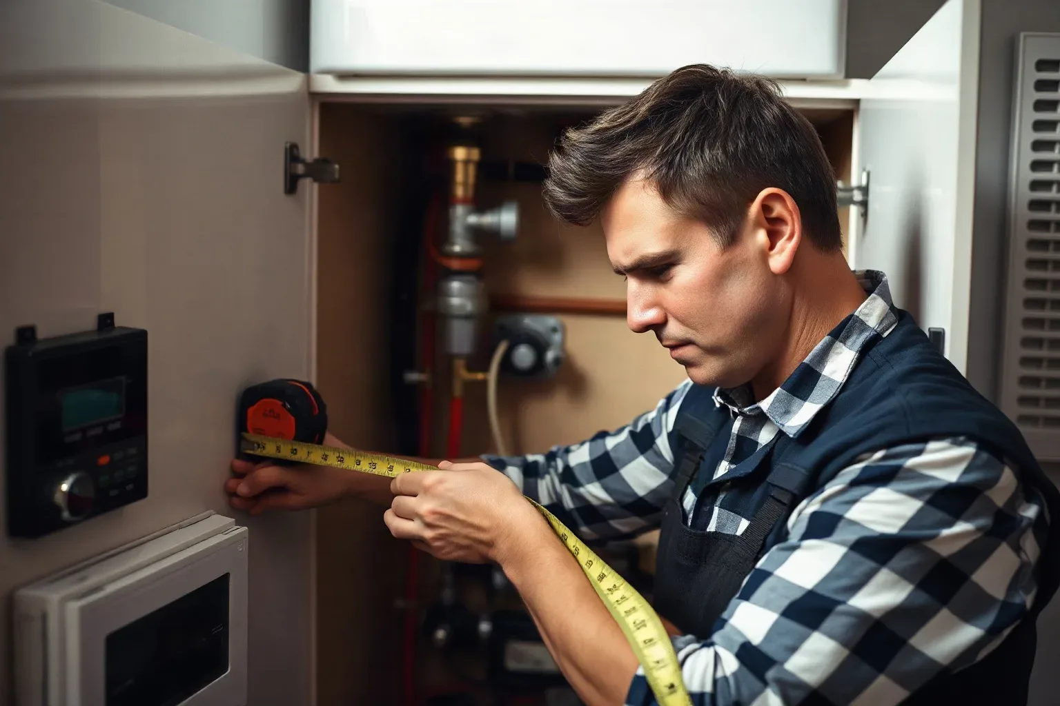 A person in a checked shirt measures a home boiler unit with a tape measure, with pipework visible behind an open panel.