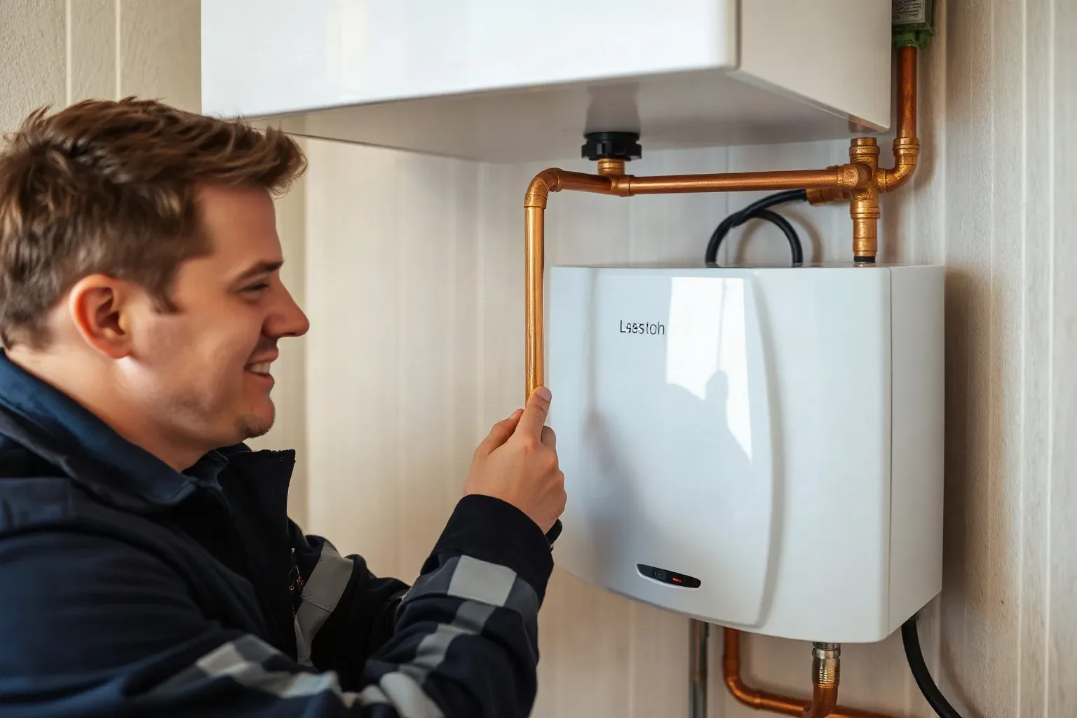 A gas engineer connecting copper pipework beneath a wall-mounted boiler in a utility room
