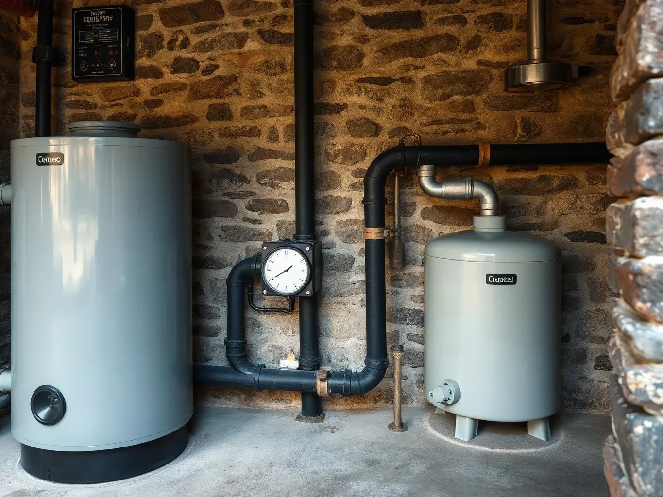 A large domestic oil boiler unit with fuel supply pipe in a stone outbuilding