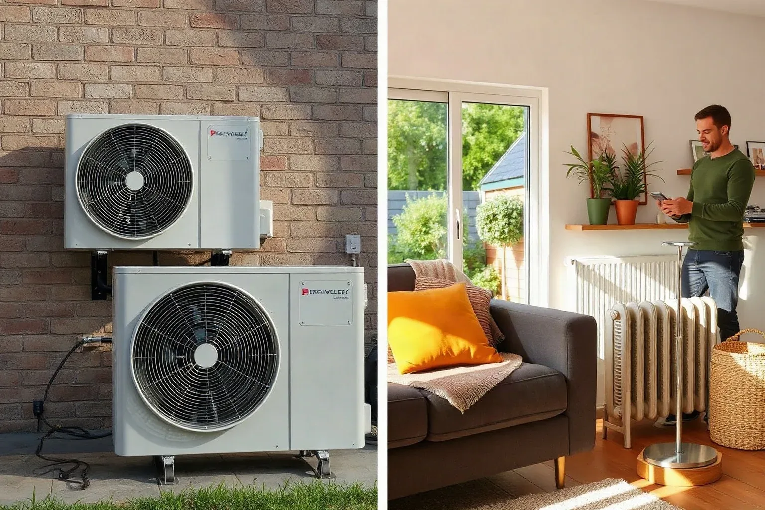 Two outdoor heat pump units mounted on a brick wall, beside a bright living room with a radiator and a person using a phone.
