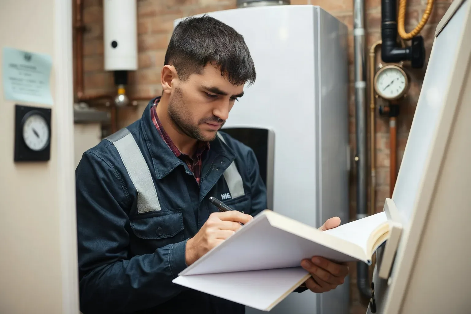 A technician in a work jacket writes notes on a clipboard in a boiler room with pipes and gauges visible behind them.