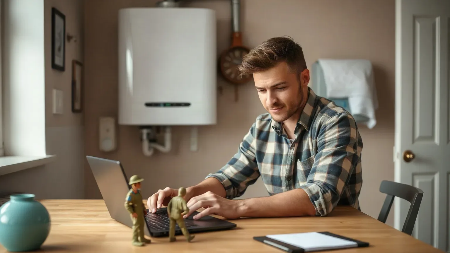 A tradesperson typing figures into a laptop on a kitchen table while a boiler is visible on the wall behind