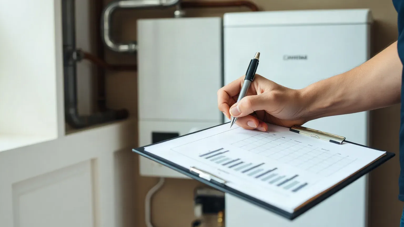 A person writing on a clipboard in a utility room containing a boiler and pipework.