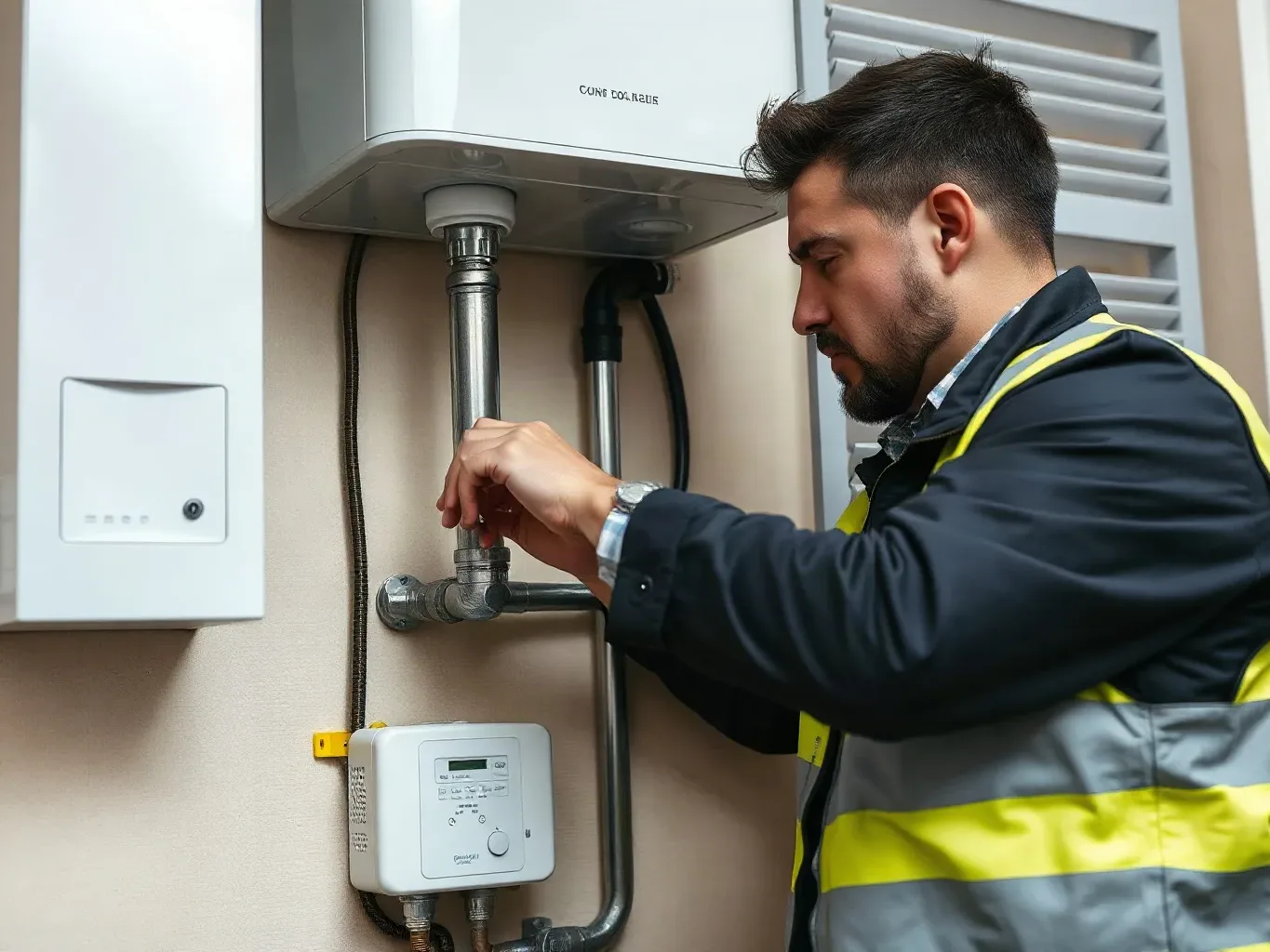 A engineer in a hi-vis vest adjusts pipework beneath a wall-mounted boiler inside a home utility room.
