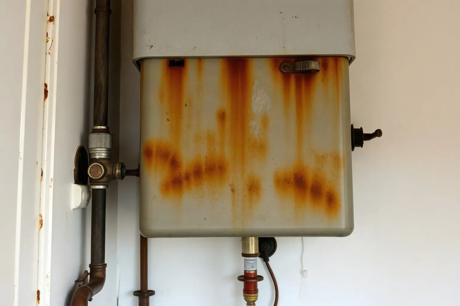 An old corroded boiler with visible rust and worn pipe joints mounted on a utility room wall