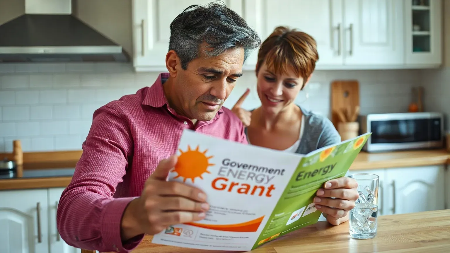 A homeowner reading a government energy grant leaflet at a kitchen counter