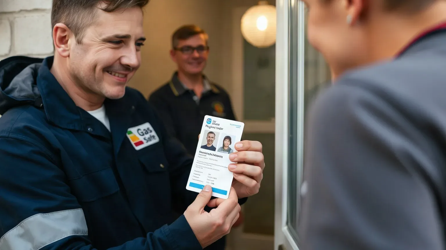 A gas-safe registered engineer showing their ID card to a homeowner at the front door