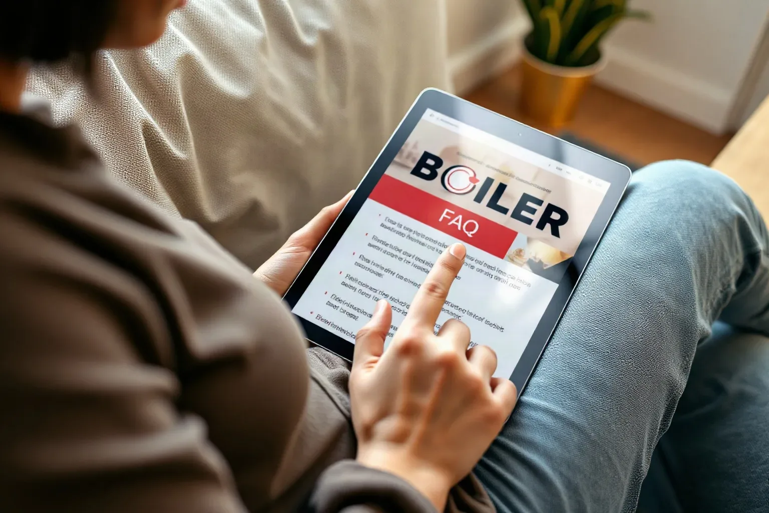 A person scrolling through a boiler FAQ page on a tablet computer while seated on a sofa