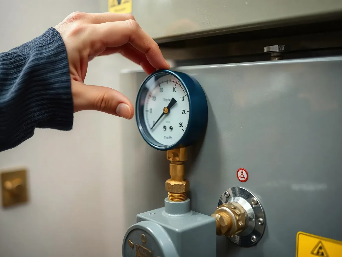 A hand adjusting the pressure gauge on a boiler using a filling loop valve below the unit