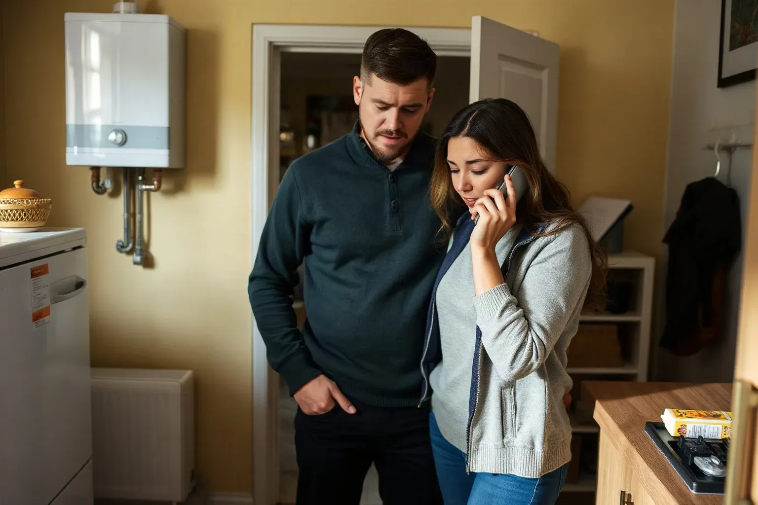 A person holding a phone to their ear urgently while standing in a cold kitchen with a non-working boiler