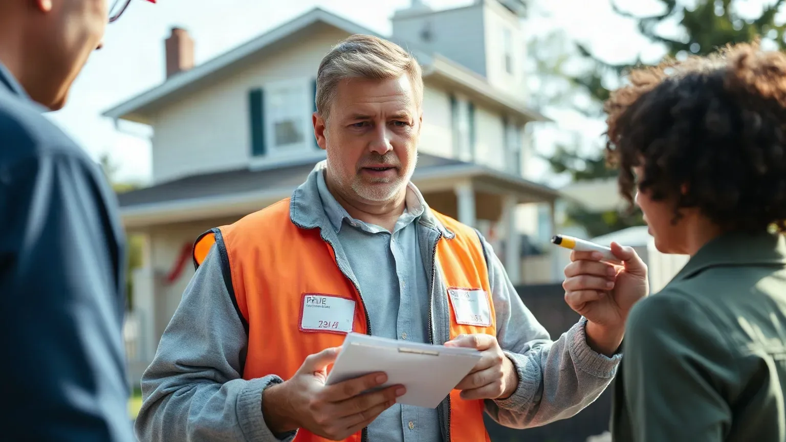 An engineer with a notepad showing a homeowner side-by-side repair versus replacement cost figures
